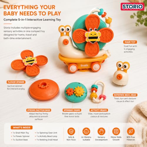 Image of Storio 5-in-1 Baby Suction Spinner Toy, Interactive Learning Set with Rattle and Sensory Play, for 6+ Months Kids - Orange & Cream