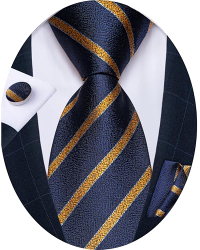Image of DiBanGu Striped Tie Set for Men Silk Woven Plaid Necktie and Pocket Square Cufflinks Business Wedding