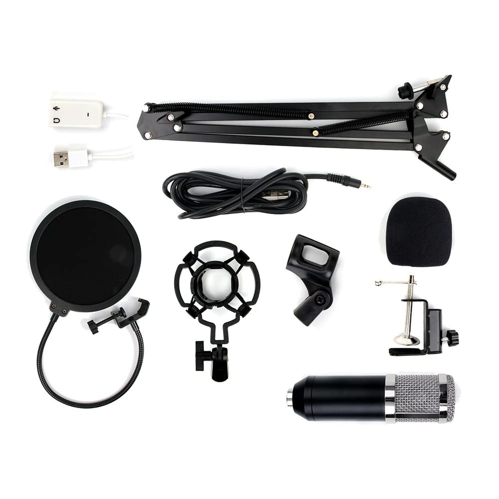 SagaSave Kit de micrófono cardioide de Estudio con micrófono de Condensador BM800 con alimentación Fantasma y Mezclador de Sonido para grabación de Estudio (Negro + Plateado)