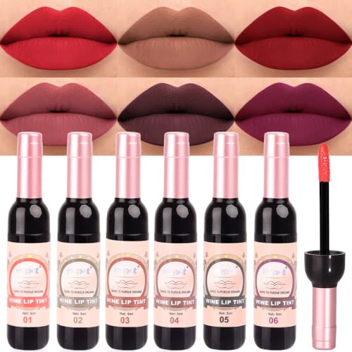 evpct 6Pcs Wine Bottle Lip Tint Stain Set Long Lasting Lipstick 24 hour Waterproof for Women Ruby Dark Deep Rose Red Plum Purple Brown Matte Lipstick 24 Hours Lipsticks Lip Liner Stain Peel off