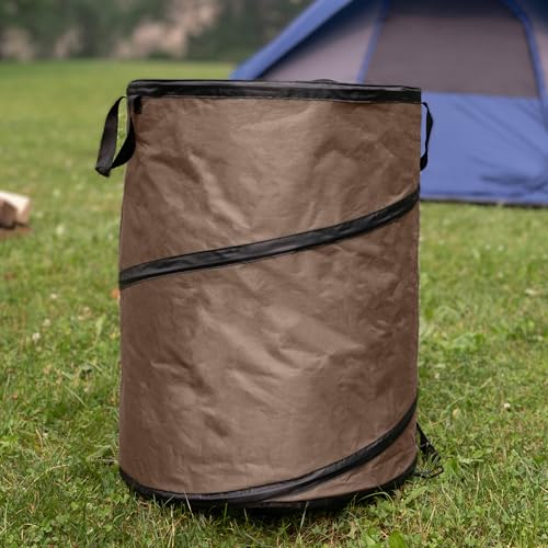 Image of Wakeman Outdoor Trash Can - 46-Gallon Collapsible Garbage Can with 3 Stakes - Pop Up Trash Can for Camping, Storage, or Yard Waste Outdoors (Beige)