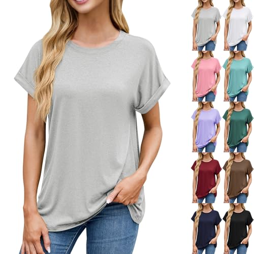 Womens T Shirts Plain Crew Neck Short Sleeve Cotton Oversized Tshirts Casual Loose Basic Tees Cute Summer Tops
