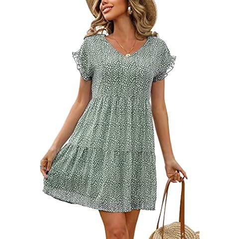 Livonmone Womens Summer Dress Bohemian Short Sleeve Floral Dress Casual Mini Dress V-Neck Knee Length Summer Beach Sundress (Green, XL) Cover