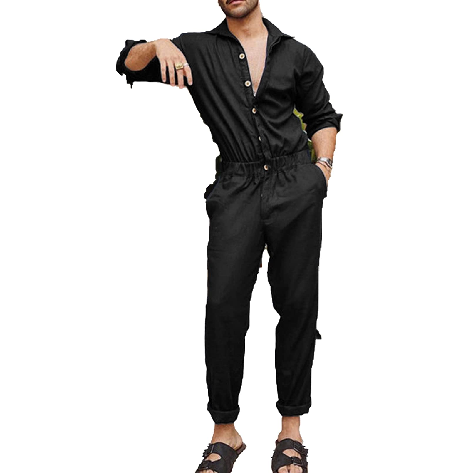 GTHTTTMen's Autumn Fashion Romper Long Sleeve Jumpsuit with Pockets Button Playsuit One-Piece Solid Color Casual Pants
