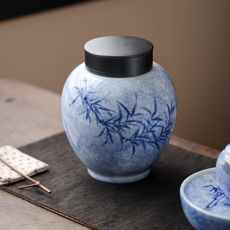 Zbiornik do przechowywania herbaty Czysty ręcznie malowany tuszem barwiony na zielono Duży okrągły pojemnik na herbatę Herbata domowa Zamknięta puszka Ceramiczny pojemnik(Jeden kolor-1300ml)