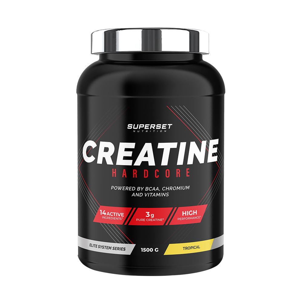 Superset Nutrition - Creatine Hardcore (1,5kg) - Poudre soluble - 3g de créatine monohydrate par dose, BCAA, Glucides - Récupération optimale et puissance - Adaptée aux sports intenses - Tropical