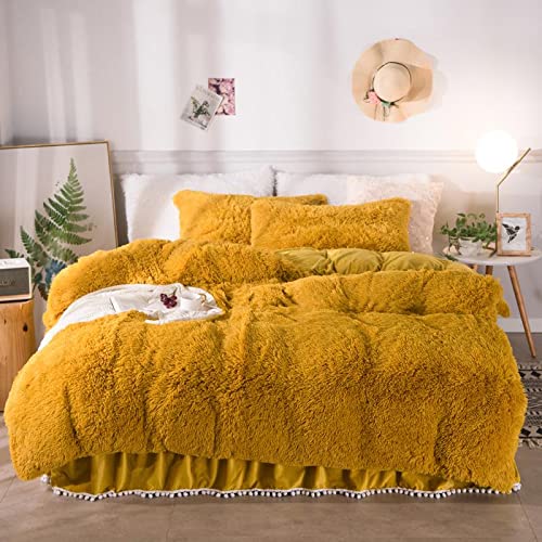 Hcclijo Long Plush Shaggy Bedding Set Soft Warm Girls Twin Queen King 4Pcs Duvet Cover Pompoms Bedskirt Pillow Color 7 1.6m Queen Size 4Pcs
