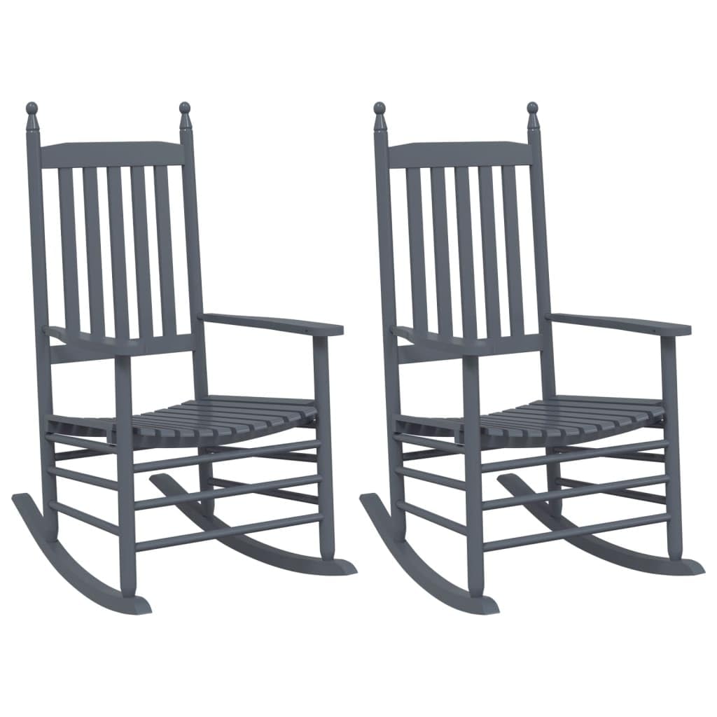 2 STK. Graue Schaukelstühle aus massivem Pappelholz mit gebogener Sitzfläche und Armlehnen, hohe Rückenlehne für bequemes Sitzen, ideal für Garten, Terrasse und Balkon, belastbar