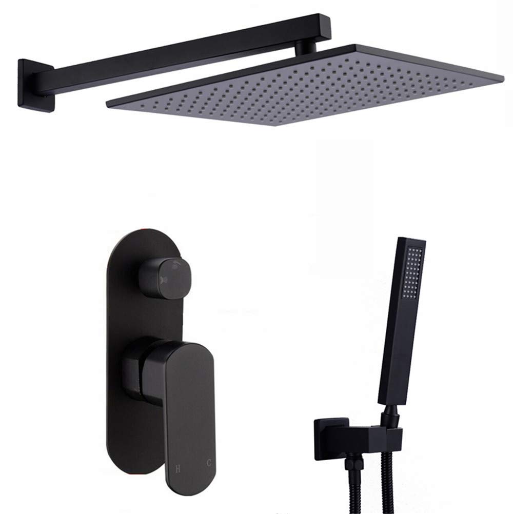 Set Doccia, Set di rubinetti per Doccia, Set Combinato di Miscelatore a Pioggia di Lusso per Bagno, soffione Doccia a Pioggia a Parete con soffione e Tubo Doccia, Nero, 25 cm