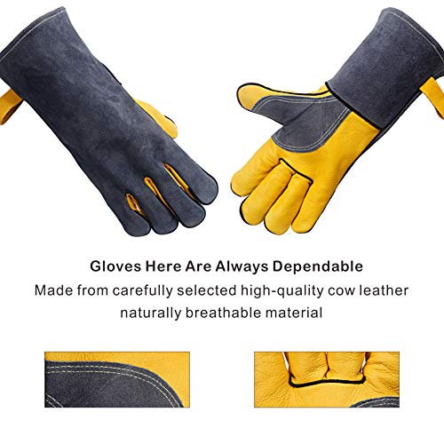Kim Yuan Extreme Heat/Fire Resistant Gloves Leather With Kevlar Stitching, Mitts Perfect For Welding/Oven/Grill/Bbq/Mig/Fireplace/Stove/Pot Holder/Tig Welder/Animal Handling, (14In-Greay) #TOP1