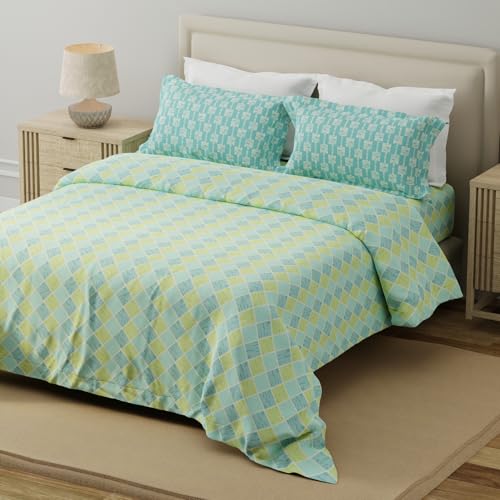 Image of Layers 100% Cotton for Double Size Bed | 120 TC Geometric, Soft, Breathable, Machine Washable Bedsheet with 2 Pillow Covers | Forever Collection (224 x 254 cm) - Blue & Yellow