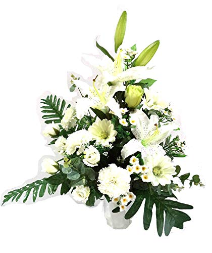 LBA Centro de Flores Artificiales para Cementerio, Preparado para Introducir en los Botes de Tumbas o Nichos. Varios Modelos. (Blanco)