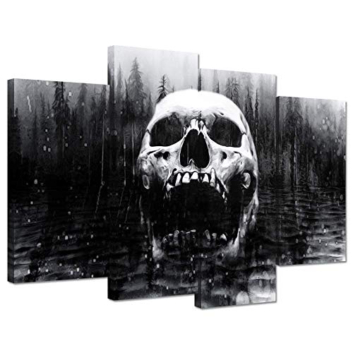 iHAPPYWALL Halloween Day of Dead Skull in Dark Foggy Lake Abstract Black and White Contemporary Picture Print 4 Panel Large Canavs for Modern Home Decoration Ready to Hang