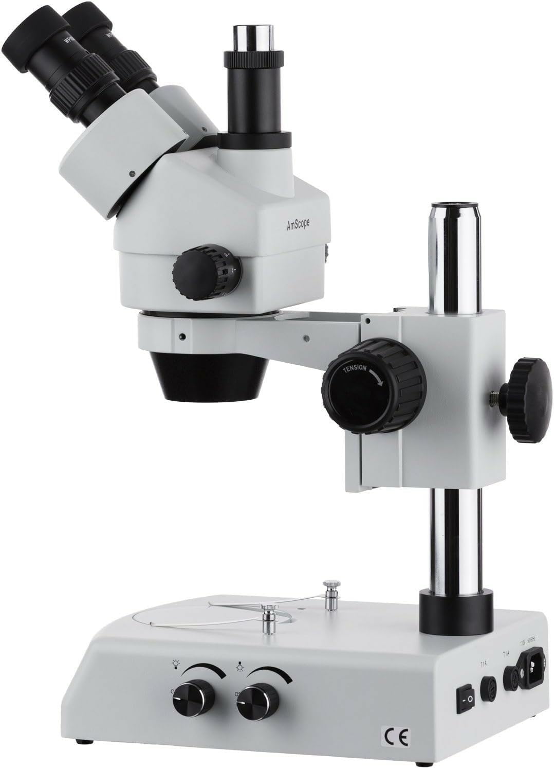 AmScope SM-2T Professional Trinocular Stereo Zoom Microscope, WH10x Eyepieces, 7X-45X Magnification, 0.7X-4.5X Zoom Objective, Upper and Lower Halogen Lighting, Pillar Stand, 110V-120V