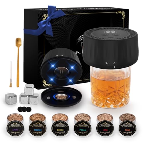 Electric Whiskey Smoker Kit with Led Lights, 4 Reusable Ice Cubes and 6 Flavors Natural Wood Chips,...