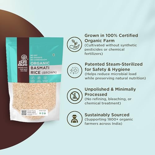 Image of Pure & Sure Organic Brown Basmati Rice 1Kg | 100% Naturally Processed & Unpolished Brown Chawal | Rich in Protein & Fiber | Helps to control Diabetes & Blood Pressure