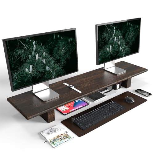 "WEGASTU Solid Wood Rustic Desk Monitor Stand with Storage,Large Dual Monitor Stand Riser for Laptop Computer/TV/PC/Printers, Perfect Desktop Stands Organizer with Underneath Storage for Office