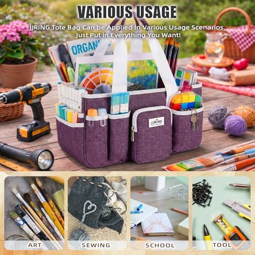Image of Jjring Craft Organizer Tote Bag, Portable Art Caddy with Adjustable Divider&Secure Zipper Pocket, Large Foldable Storage Tote for Scrapbooking, Sewing, Artist and Home(Deep Purple)