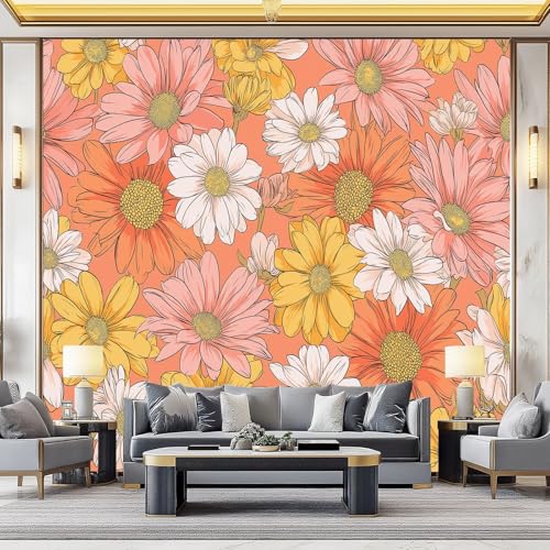 Papier Peint Panoramique 200 x 140 cm Marguerites Peintes Éclatantes - Papier Peint Intissé Orange Jaune pour Chambre et Salon - Décoration Murale Mignonne...