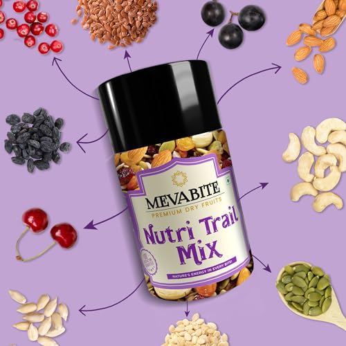 Image of MEVABITE Nutri Superfood Healthy Trail Mix 200g - Mixed Roasted Almond, Seeds Flax, Pumpkin, Sunflower | Dried Black Currant, Cashew, Cranberries with Black Raisins and Cherry | Healthy Snack