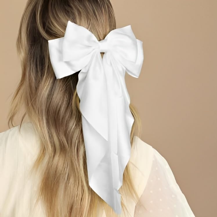 Image of Big Satin Layered Hair Bows for Women Girls 11.5 Inch Barrette Hair Clip Long Back Ribbon Bows French Style Hair Accessories (Maroon,White)