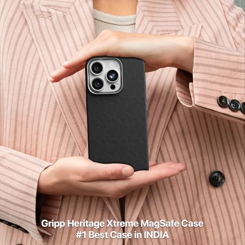 Image of GRIPP Heritage Xtreme Case Compatible with Mag-Safe for iPhone 16 Pro Max | 8ft Drop-Tested with D30 Tech, Premium Leatherette & Silicon, Metal Buttons, Luxuriantly Smooth Texture Back Cover - Black