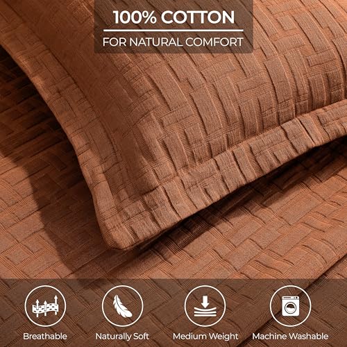 Superior 3 Piece Cotton Bedspread Sham Set, Home Decor, Decorative Bed Spread, 2 Pillow Shams, Medium Weight, Matelasse Coverlet, Bedding Essentials, Madrid Collection, California King, Burnt Orange