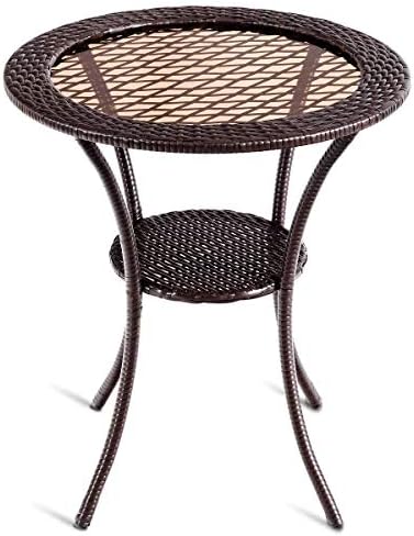 Tangkula 25 inch Patio Wicker Coffee Table Outdoor Backyard Lawn Balcony Pool Round Tempered Glass Top Rattan Steel Frame Side Table Furniture W/Storage Shelf, Brown