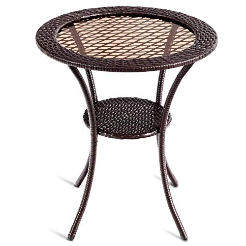 Tangkula 25 Inch Patio Wicker Coffee Table Outdoor Backyard Lawn Balcony Pool Round Tempered Glass Top Rattan Steel Frame Side Table Furniture W/Storage Shelf, Brown #TOP21