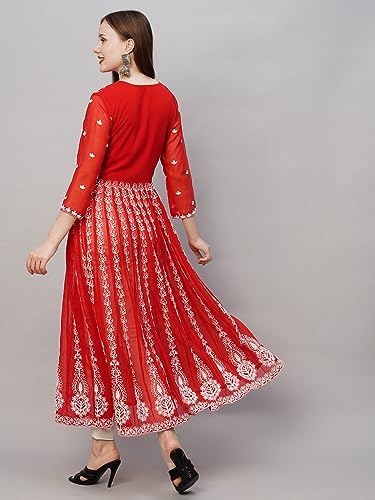 Image of ANNI Designer Women's Georgette Regular Fit Anarkali Chikankari Embroidered Calf Length Kurta Dress