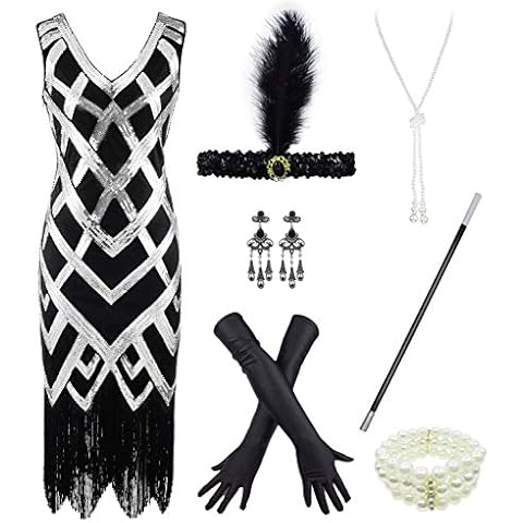FUNDAISY Women 1920S V Neck Sequined Beaded Gatsby Flapper Dress with 20s Accessories Set (X-Large, Black&Silver) Cover