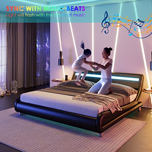 Keyluv Upholstered Full Size Led Bed Frame With Headboard, Faux Leather Modern Low Profile Platform Bed With Strong Wooden Slats Support, Luxury Wave-Like Design, No Box Spring Needed, Black #TOP3