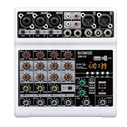 BOMGE BM-05-W Console de mixage audio avec 5 canaux USB Bluetooth effet retard d'écho 48 V Phantom Power Stereo DJ pour enregistrement, diffusion en direct, baladodiffusion