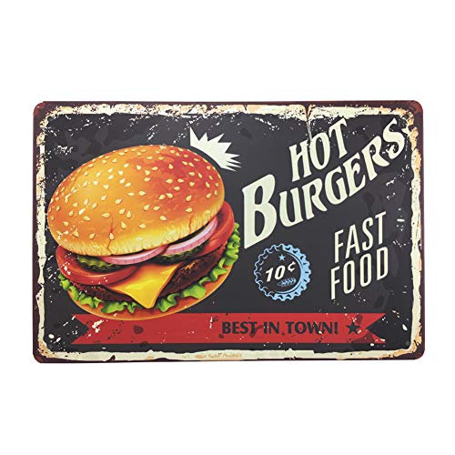 Vintage Style Tin Sign - HOT BURGERS FAST FOOD - Bar Pub Garage Diner Cafe Home Wall Decor Art Tin Signs Vintage, 8"W x 12"H