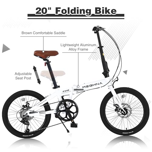 YHUBHSIS 20" Folding City Commuter Bike, 7-Speed Shimano, Lightweight Aluminum Frame, Foldable Bicycle for Adults, Compact Folding Bike for Commuting & Outdoor Riding, Mini Portable (White)