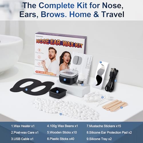 LIONVISON Men\'s Nose Wax Removal: Painless Hair Removal for Nose and Ears - with 100g Wax 40 Nose Hair Sticks 2 Silicone Pots - Portable Melt Machine for Home Travel Use (Black)
