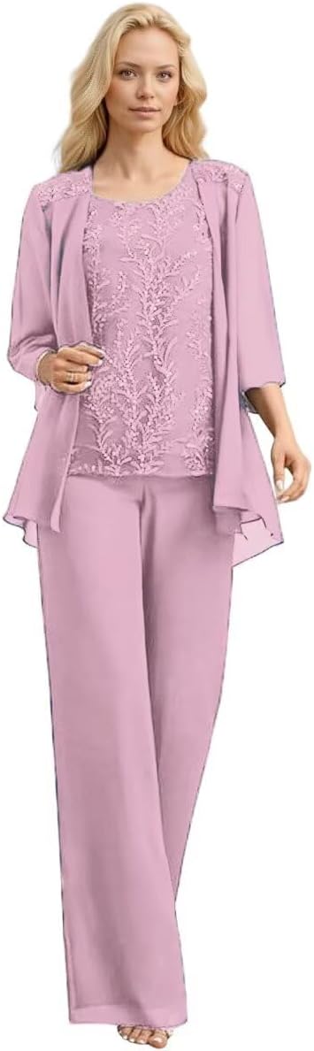 3/4 Sleeves Mother of The Bride Pant Suits with Jackets Laces Appliques 3 Pieces Chiffon Mother of The Groom Dress