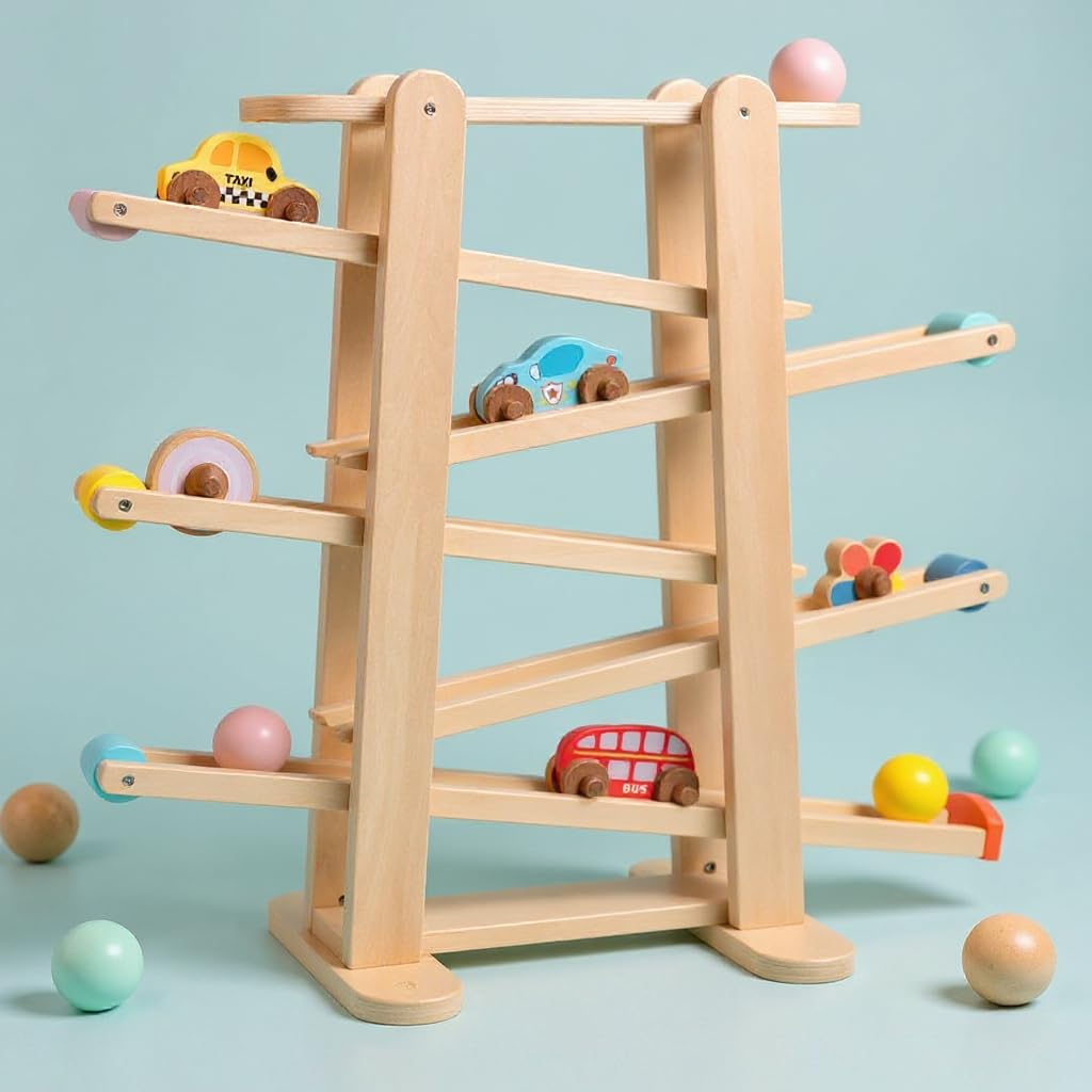 Große Kugelbahn aus Holz von Oh My Baby, Murmelbahn-Set, inklusive 9 Autos und Spielzeugbälle. Kugelbahn für Kinder ab 1 Jahr, Größe: 57 x 60 cm, FSC Lindenholz