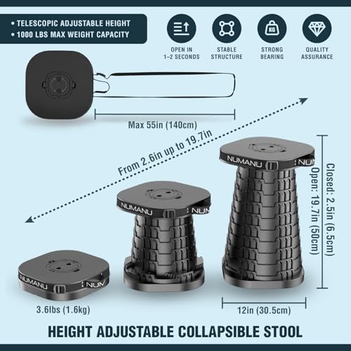 Image of NUMANU 2026 Upgraded XXL Collapsible Stool & 3IN1 Cushioned Carry Bag, 2.6 inch-19.7 inch Height Adjustable, Max 1,000lbs Portable Retractable Telescoping Seat, Foldable Camping Stool for Adults (XXL Square)