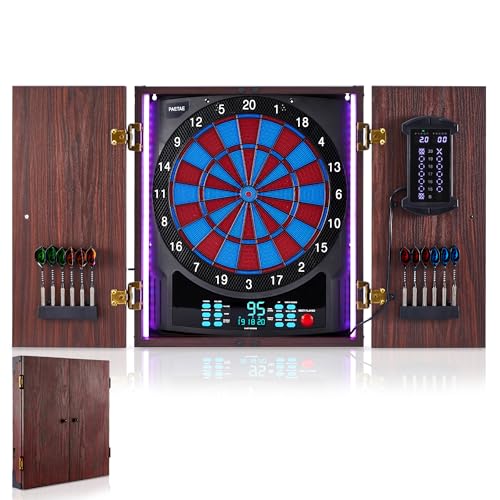 Electronic Dart Board with Cabinet Set, Electric Digital Dart Boards for Adults with Light Strips, Soft Tip Dartboard Cabinet Door with Large Cricket Display and Darts Storage for 12 Darts