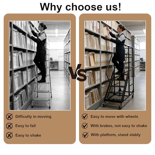 Image of 4 Step Rolling Warehouse Step Ladder, Industrial Mobile Staircase on Wheels, 1100Lbs Weight Capacity, Heavy Duty Mobile Platform Ladder with Handrails, Suitable for Warehouse, Library (Black, 4 steps)