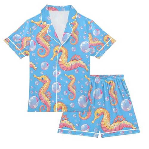ALAZA Seahorse Bubble Blue Pajamas Satin Pajama Set Short Sleeve Button Down Sleepwear