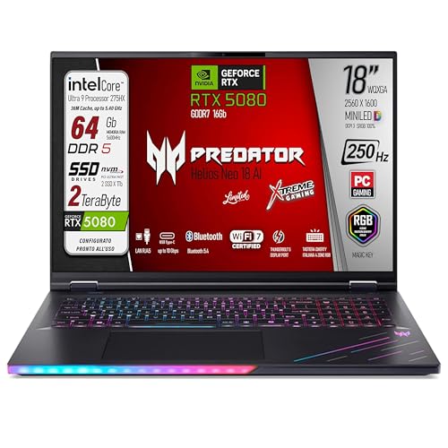 Image of acer Predator Helios 18 Ai Gaming Laptop, Intel Ultra 9-275X, RAM 64GB DDR5 SSD 2TB (2x1Tb), 18 inch WQXGA 250Hz MINILED Display, GeForce RTX 5080 16Gb GDDR7, WI-FI 7, Win 11, Ready to Use