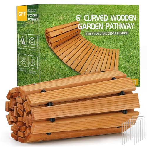 RELIANCER 6' Wooden Garden Pathway,Outdoor Roll Out Cedar Curved...