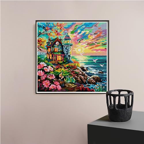 Image of ITSTITCH Stamped Cross Stitch Kits - Full Range of Embroidery Patterns for Beginners or Adults,14 CT 2 Strands DIY Counted Needlepoint Arts Craft-Seaside Lighthouse 16.9x16.9 inch