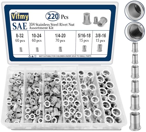 Image of SAE Rivet Nut Assortment Kit(220 Pcs),#8-32#10-24 1 /4 inch-20 5 /16 inch-18 3 /8 inch-16 304 Stainless Steel Flat Head Rivnut Set,Rivnut Threaded Insert Nut