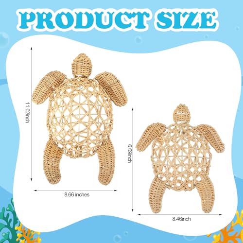 Yousoontic 2 Pcs Sea Turtle Wall Decor Handmade Wicker Wall Art 2 Size Boho Sea Turtle Beach Hanging Ornaments Rattan Coastal Nautical Sculpture for Boho Bedroom Bathroom Indoor Outdoor Home - Image 2