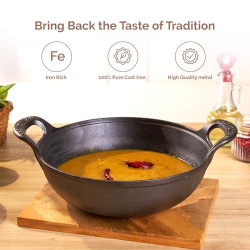 Image of HomeEssentials Cast Iron Kadai with Wooden Lid | Pre Seasoned Iron Kadai with Handles and Flat Base | Iron Wok for Cooking | Uncoated Kadai for Electric Induction (25cm)