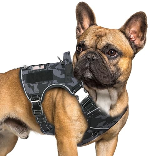 Locust Tree Camo Tactical Dog Harness for Medium Dogs No Pull, Dog Harness with Handle and Camo Black Patterns, Comfortable Dog Harness with Easy Attach Patch Panels