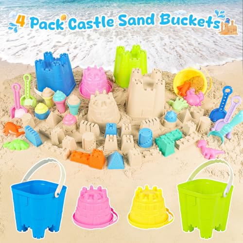 REZUCREY Beach Toys for Kids Toddlers, Sand Castle Toys with 4 Sand Bucket and Shovels, Mesh Bag & Molds, Ice Cream Travel Sandbox for Beach Sandbox for Toddlers Kids Baby Boys Girls Age 3-10